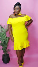Load image into Gallery viewer, Yellow Ruffle shoulder dress with ruffle hem
