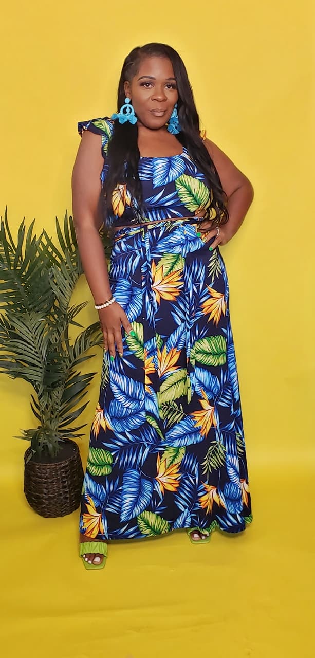 Blue Tropical 2 piece palm dress